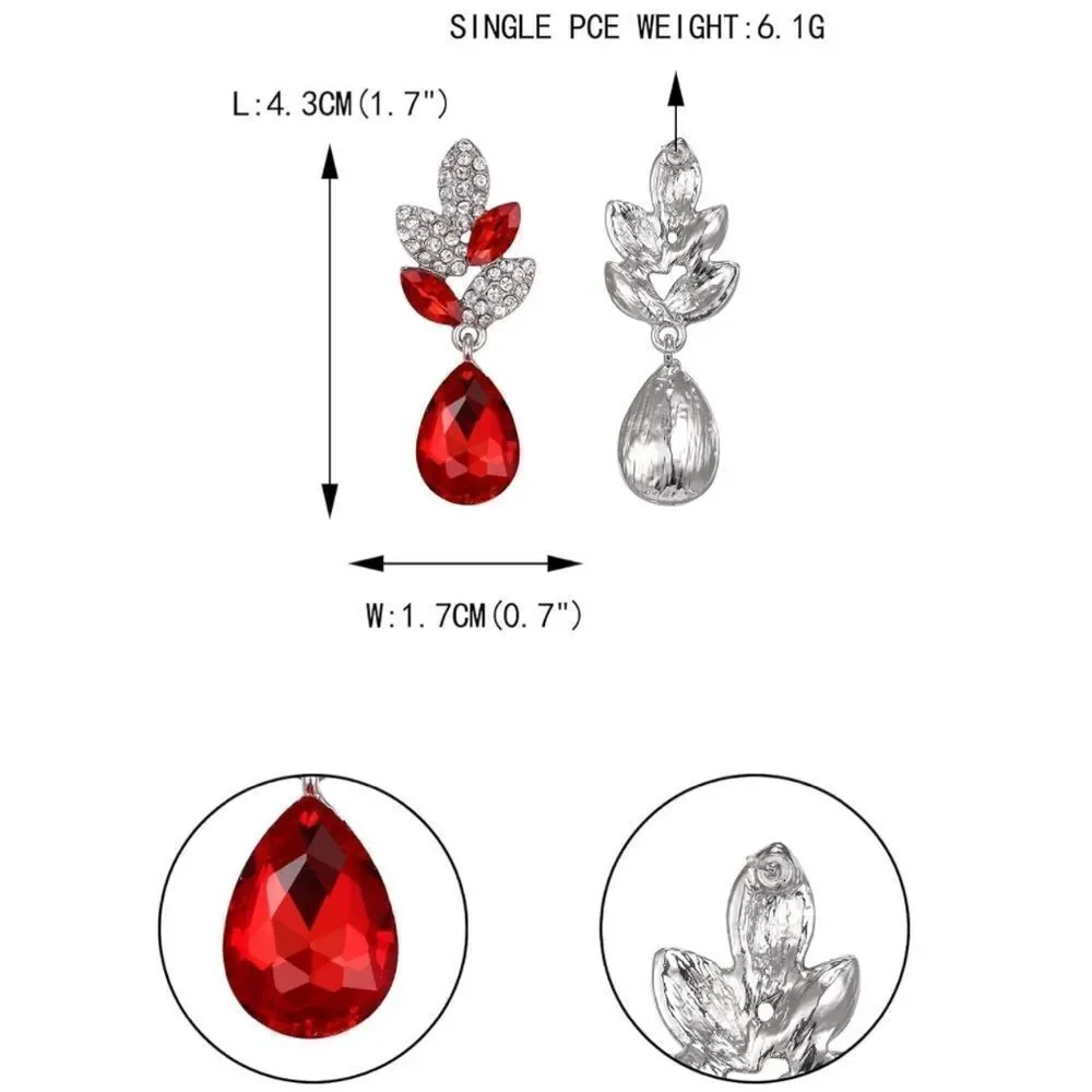 Silver with Ruby Red and White Diamond Crystal Leaf Teardrop Post Back Earrings